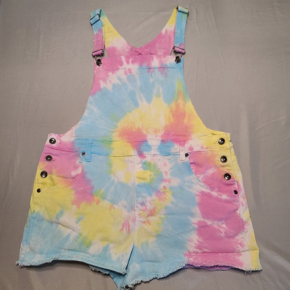 Blackheart Overall Shorts Womens 15 Multicolor Tie Dye Denim Y2K  Festival 90s